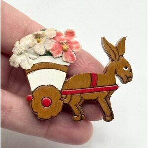 Estate vintage wooden donkey wagon flower brooch pin